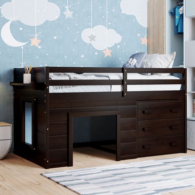 Twin Size Loft Bed with Cabinet and Shelf - Espresso (OLD SKU:LP000501AAP)