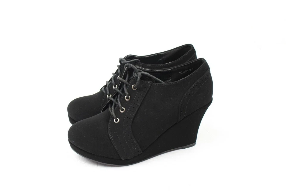Top Moda Mujer Zapatos de Cuña Imitación Gamuza Botines Negros Talla 7 Foto 2 de 4