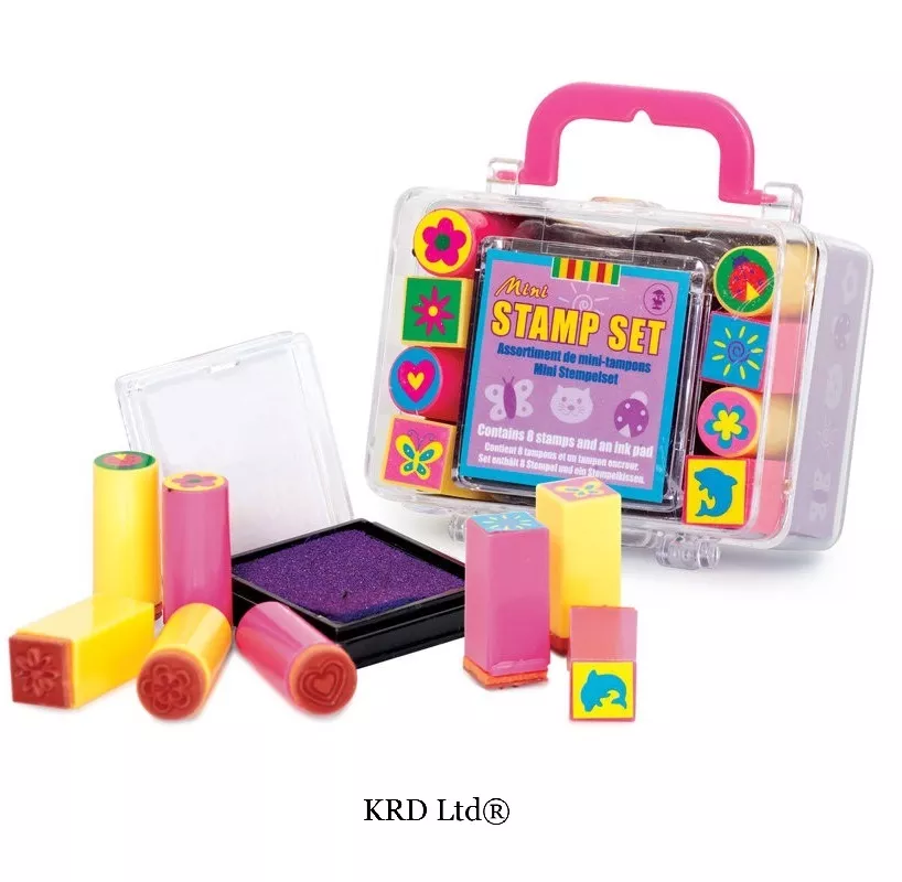 Mini Stamp Set Kids 1 INK PAD + 8 STAMPS Preschool Toddler Art Craft  Storage Kit