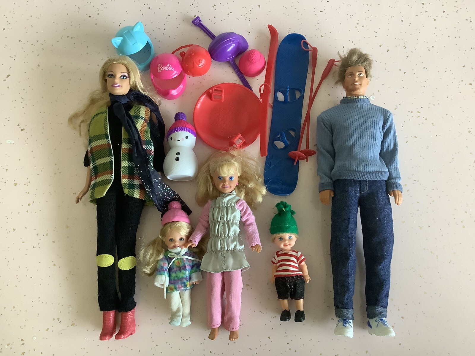Barbie Doll Lot Winter Snowboard Ski Sled Snowman Kelly Ken Stacie