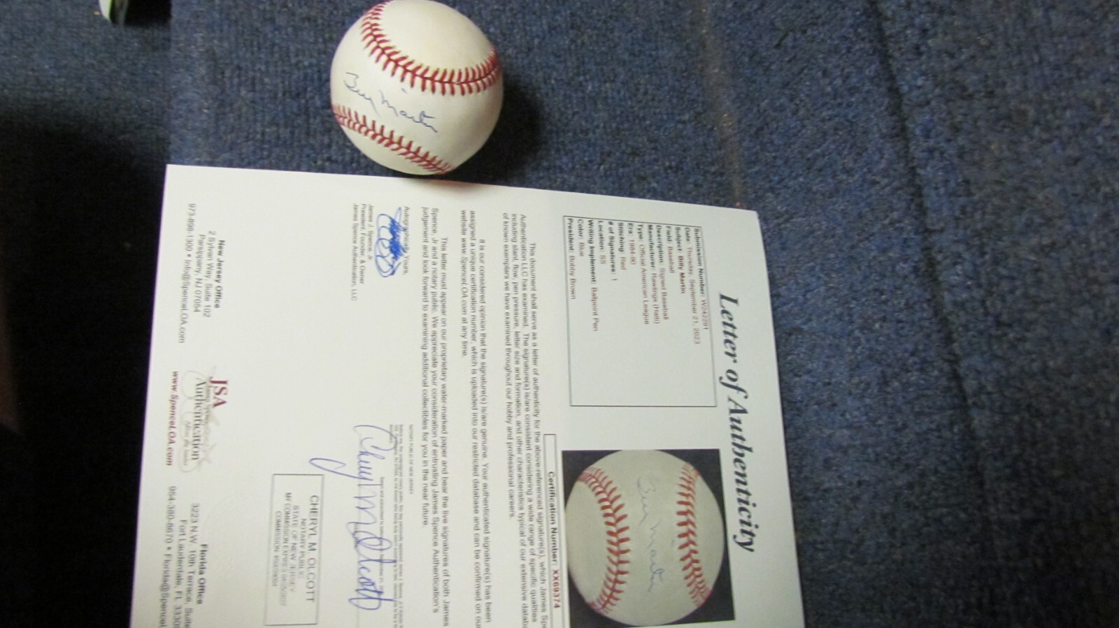 Hank Aaron Autographed Signed Billy Martin Baseball JSA Certified 
