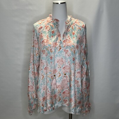 Roller Rabbit Floral Viscose V-neck Top Pink Blue Spring Boho Chic Size Large