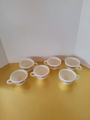 Vintage Pyrex Copper Brown White Filigree coffee tea cup mug Milk glass SET of 6