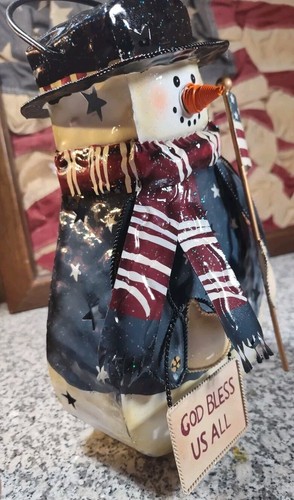 Home Interiors Patriotic God Bless Us All Snowman Tea Light Lantern Metal - New - Picture 6 of 7