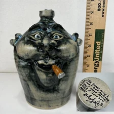 Mike Ledford Primitive Indigenous Southern Folk Art Pottery HAND SIGNED Face Jug