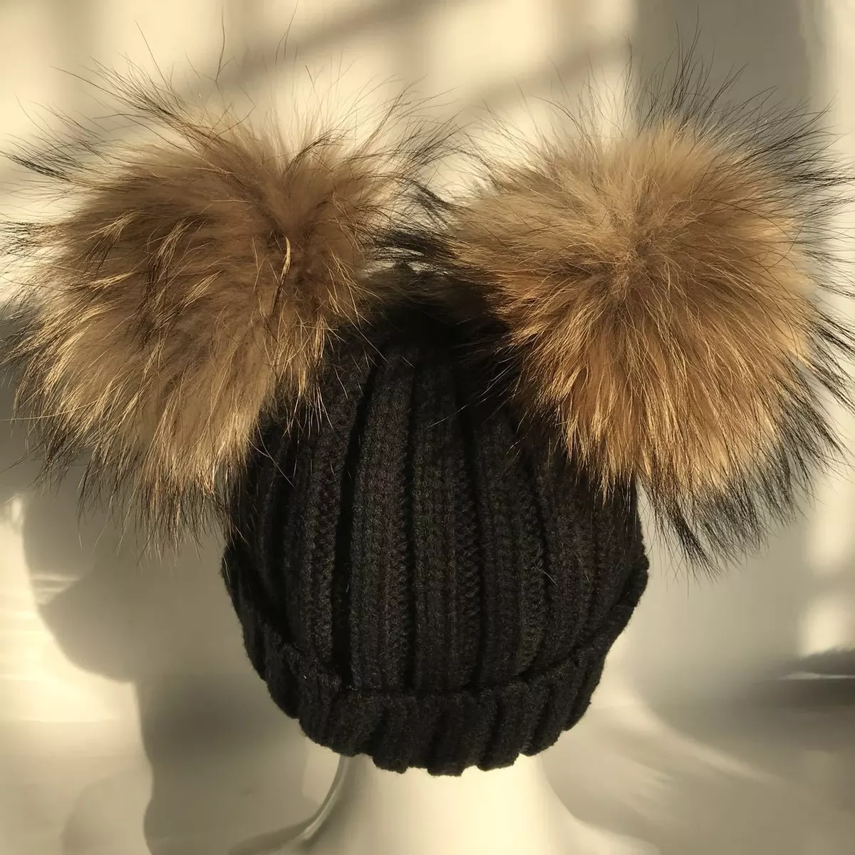 Real Raccoon Fur Double 2 Pompom Ball Black Knitted Knit Hat