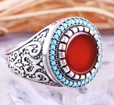 Bague Chevalière Homme 6g Argent Massif 925 Pierre Agate Rouge Zircon Turquoise - Photo 1/4