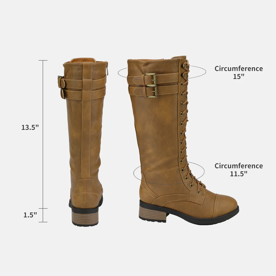Women Knee High Riding Boots Low Heel Lace Up Side Zipper Military Combat Boots - Image 3 of 4