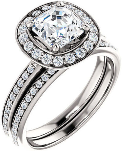 1.32 ct total Asscher & Round Diamond Halo Engagement 14k White Gold Halo Ring
