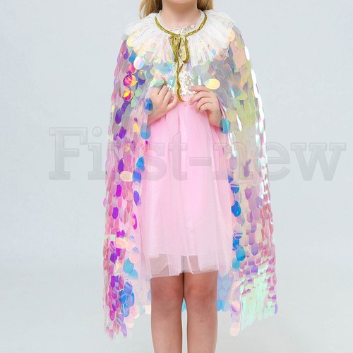 Kid Girls Shawl Colorful Mermaid Shiny Sequin Cape Birthday Party Princess Cloak - Picture 10 of 11