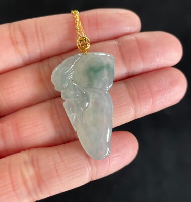 Highly Icy Floating Green Butterfly Fairy Jadeite Jade Pendant 18K Gold Buckle