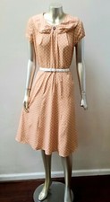 RETRO 80S DOES 50S POLKA DOT VINTAGE RUCHED COLLAR BROACH A LINE DRESS sz M
