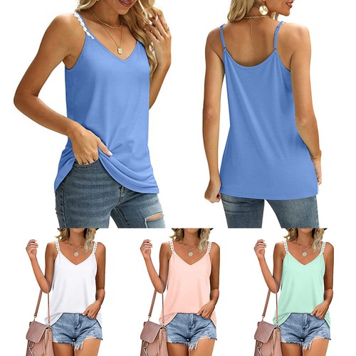 Women V-Neck Lace Strappy T-Shirt Summer Holiday Camisole Tank Tops Vest L-5XL ~ - Picture 4 of 17