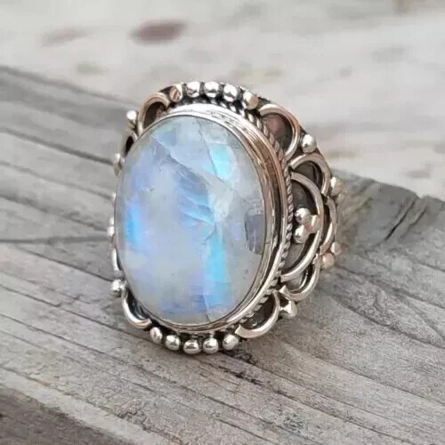 Anello in argento sterling 925 con pietra di luna bianco arcobaleno boho statement ring tutte le misure - Foto 1 di 4