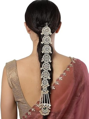 Gold Plated Handcrafted Kundan Bridal Wedding Hair Braid Choti Jewelry Set Newe - Picture 12 of 24