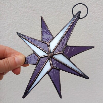 Compass Rose Stained Glass Suncatcher Window Hanging - Purple Star Wall Decor