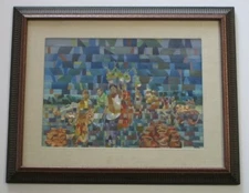 PAINTING VINTAGE VILLAGE SCENE SOUTH AMERICA STREET VENDORS CUBISM ABSTRACT MOD