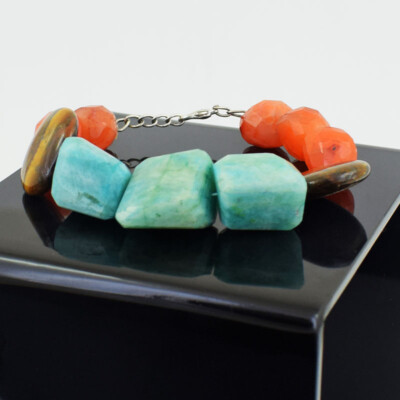 Royal 330 Cts Natural 6'' Long Carnelian & Amazonite Beads Bracelet SK 37E358