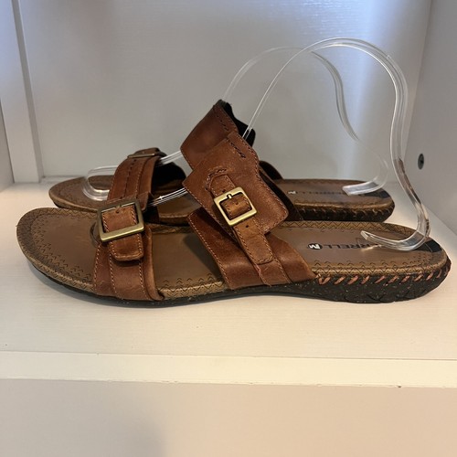 MERRELL Whisper Slide Womens Leather Brown Sz 10 Slip On Sandals Buckle Brown