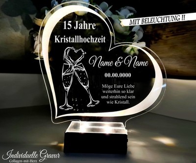 Geschenk Kristallhochzeit 15 Jahre Hochzeitstag Gravur Größenwahl BELEUCHTET LED