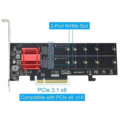 New PCIe 3.1 X8 To 2 Port M.2 SSD Adapter Expansion Card Dual M-key Converter - Afbeelding 9 van 11