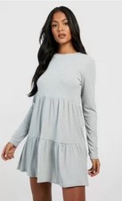 Boohoo Curves Blue Long Sleeve Tiered Summer Dress Size 12
