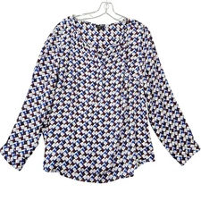 Talbots White Blue Shirt Blouse Geometric Print Long Sleeve Button Women Plus 1X