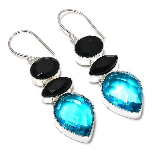 Swiss Blue Topaz, Spinel Gemstone 925 Sterling Silver Jewelry Earring 2.13"