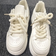 White Low Top Athletic Sneakers Lace Up Rubber Sole Breathable Synthetic