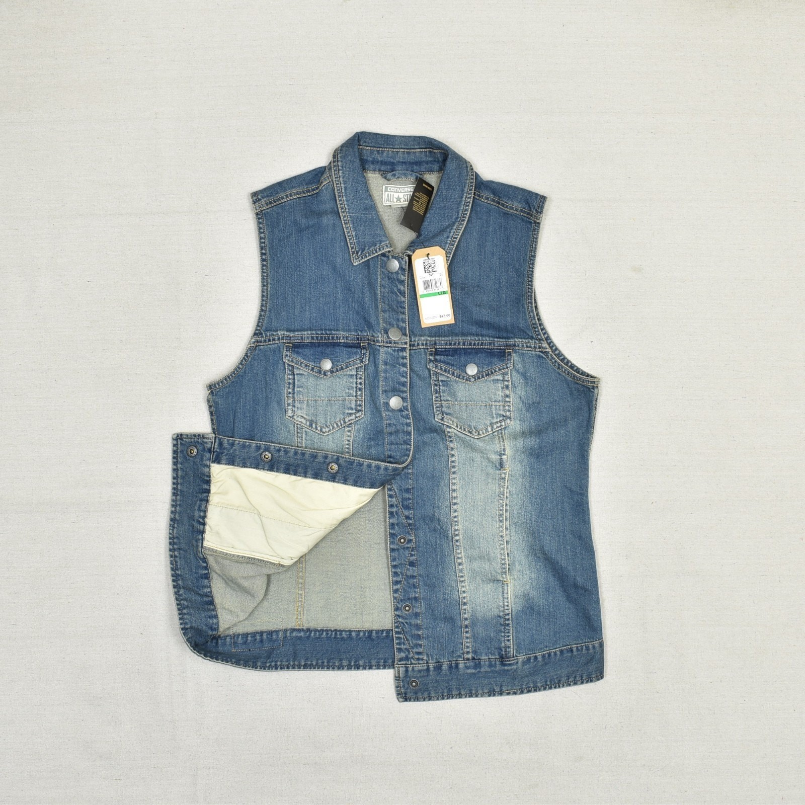 NEW Converse Men Snap Denim Vest Jacket Cotton Blend Blue Size L All Star Flag thumbnail 2