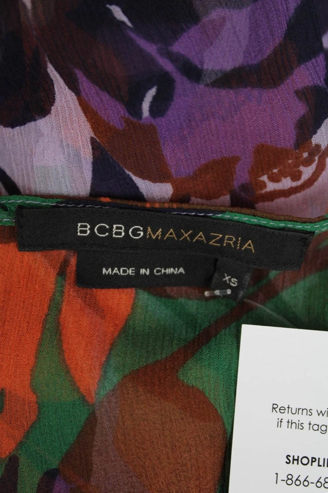 Blusa Top BCBGMAXAZRIA Mujer Seda Floral Manga Larga Abotonada Púrpura Talla XS Foto 4 de 4