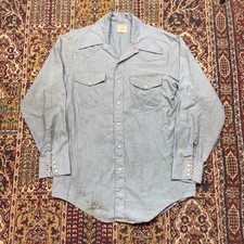 VTG 60s 70s BIG MAC Sanforized Blue Chambray Western Pearl Snap Shirt M-L USA