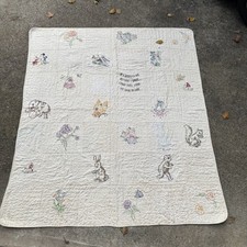Vintage 1944 Signed Baby Quilt Feedsack Character Hand Embroidered 68  x58  
