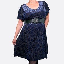 Torrid Velvet Burnout Dress Plus XL 1X Flutter Sleeve Fit Navy Blue Flare Party