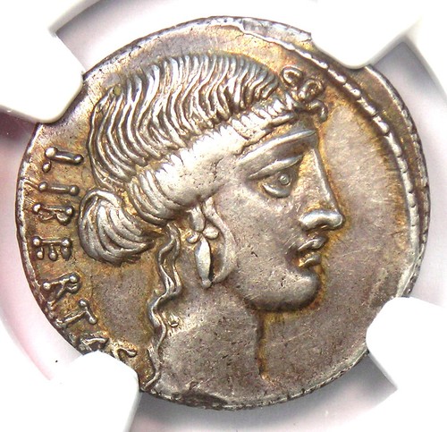 Brutus AR Denarius Silver Roman Coin 54 BC - Certified NGC XF (EF) - Rare!