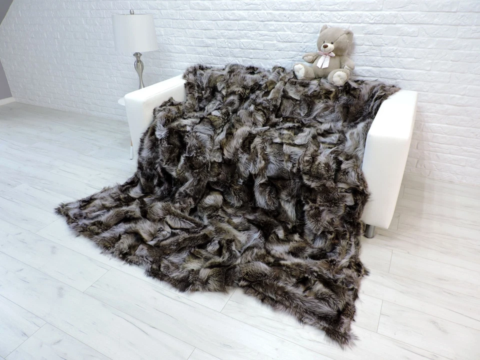 Waschbär Pelz Decke : King Size Patchwork Grau Fell Überwurf, Glamour Dekor 347 - Bild 2 von 4