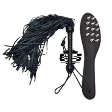 Genuine Cowhide Leather Flogger with 75 Tails & Matching Leather Paddle Slapper