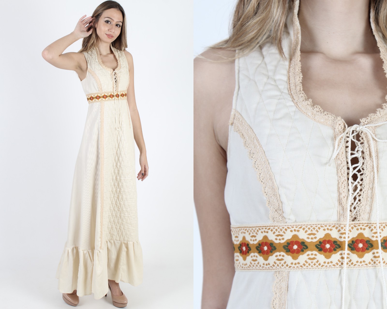 Vintage 70s Gunne Sax Ivory Quilted Boho Wedding Lace Prairie Corset Maxi Dress Vintage 70s Gunne Sax Ivory Quilted Boho Wedding Lace Prairie Corset Maxi Dress