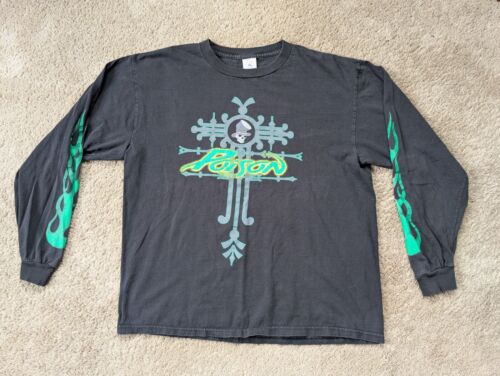 Vintage Poison Long Sleeve Band Tee Mens Large Delta Tag Black Cross Flames