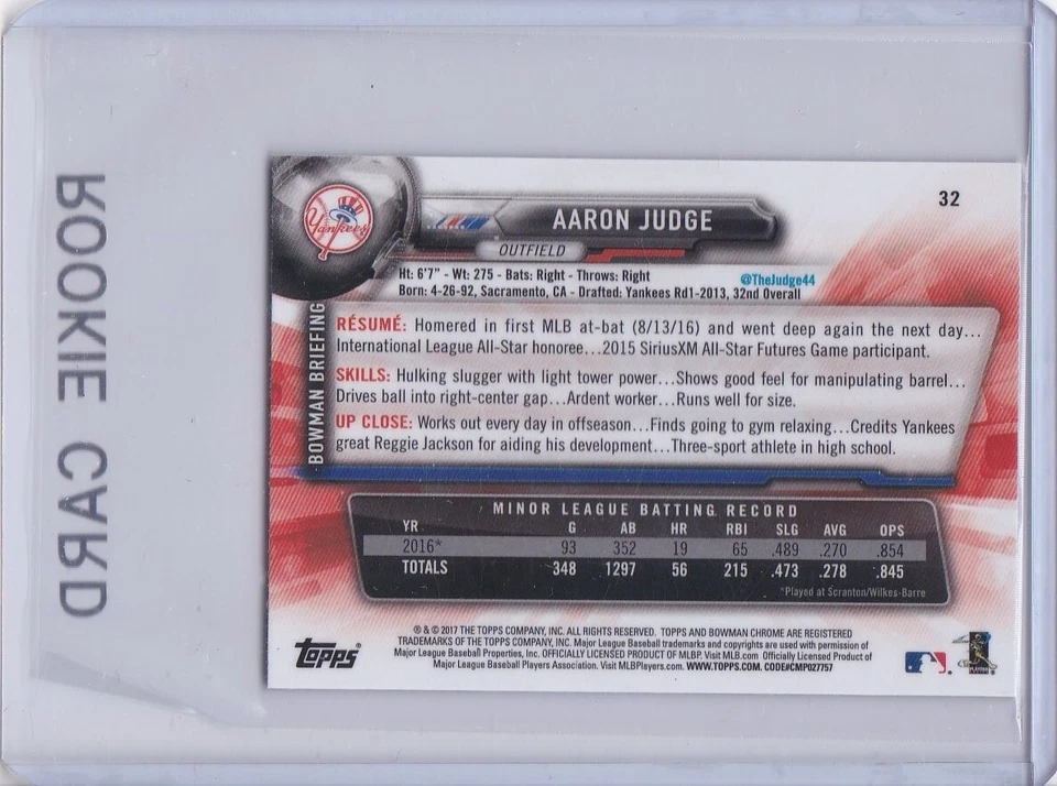 AARON JUDGE ROOKIE CARD 2017 Bowman Chrome RARE MINI VERSION $$ RC Yankees MINT! - Image 2 of 2