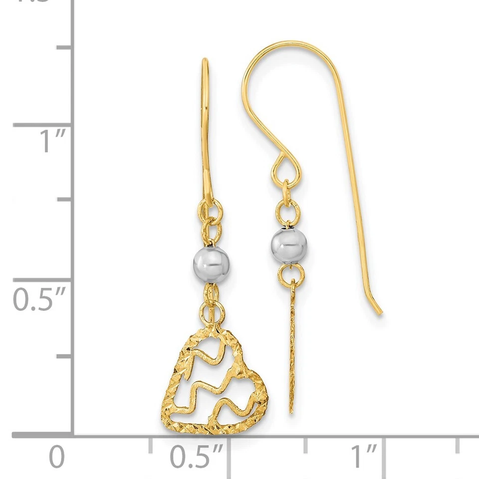 29mm 14k Yellow & White Gold Satin & Shiny-Cut Heart Dangle Hook Earrings - Image 3 of 4