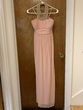 davids bridal pink halter floor length dress with pearl neck design