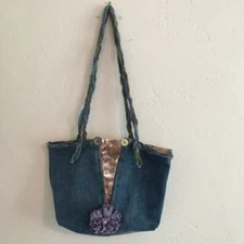 Unique Upcycled Denim Art/Craft Tote Bag with Embellishments