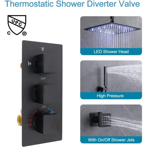Thermostatic 8" Full Body Shower System with 6pcs Massage Body Jets Matte Black - Picture 5 of 10