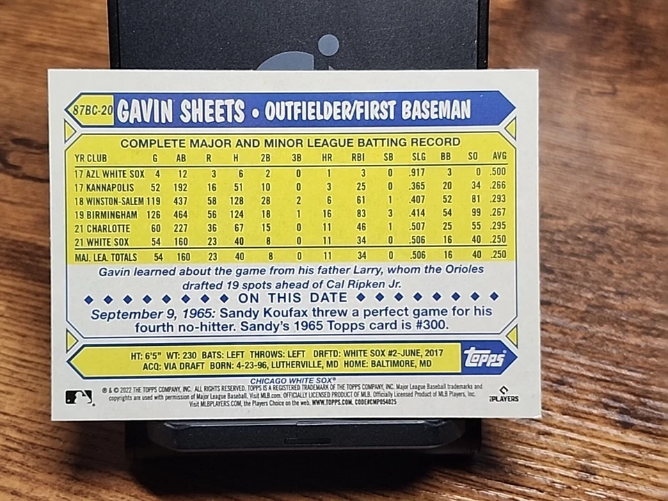 2022 Topps Chrome Gavin Sheets Rookie 1987 35th Anniversary Refractor 87BC-20 RC - Image 2 of 2