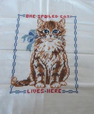 Cat Hand Cross Stitched Fabric Picture Complete "One Spoiled Cat Lives Here"
