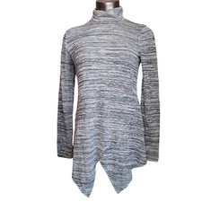 SPENSE Womens S Black White Marled Turtle Neck Asymmetrical Hem Long Sleeve Top