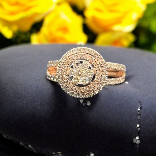 Pave 0.75 Cts Round Brilliant Cut Diamonds Double Halo Anniversary Ring 14K Gold - Picture 2 of 14
