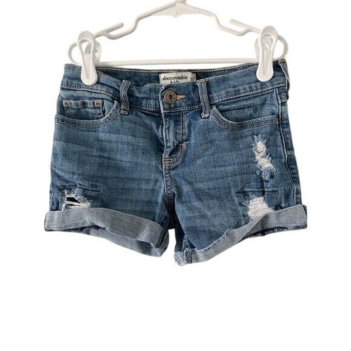 Abercrombie Kids Girls Distressed Denim Midi Shorts Size 11 Rolled Hem