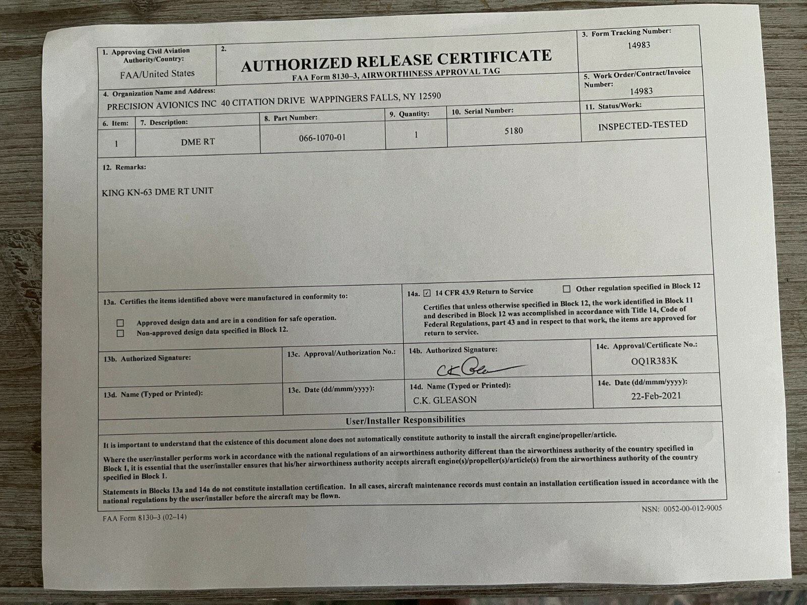 BENDIX KING KN 63 DME P N 066 1070 01 WITH FRESH FAA FORM 8130 3 EBay